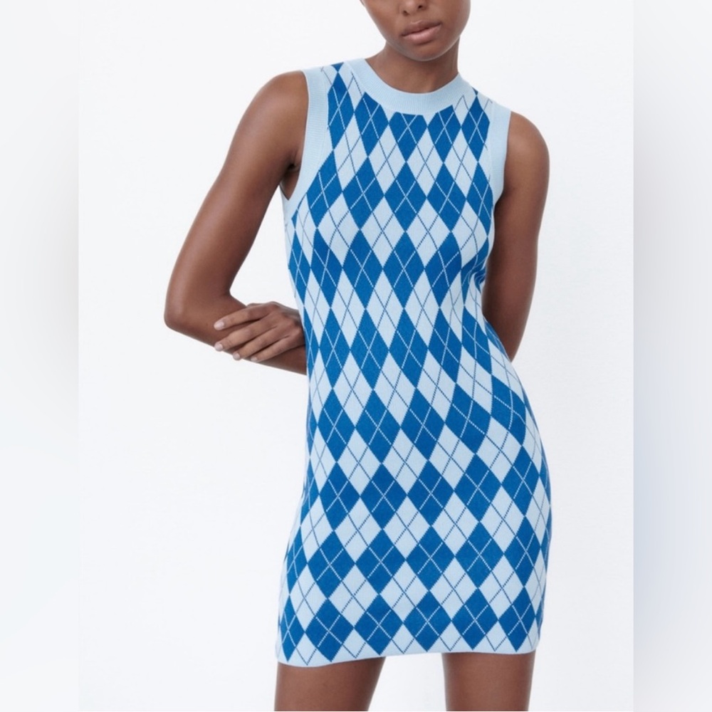 ZARA blue diamond argyle sweater dress